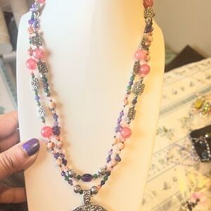 #22 VINTAGE Beaded Pink and Purple Layered Pendant Necklace
